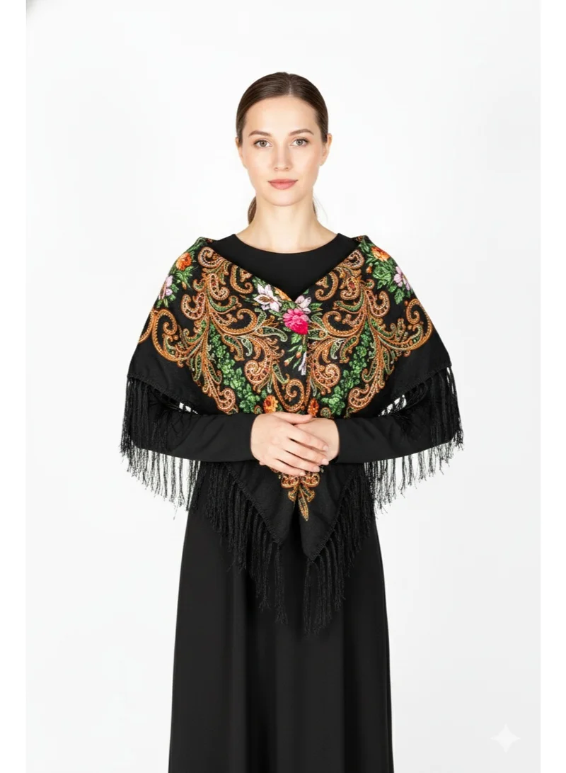 بيداني شال مخملي أسود بنقش زهري روسي كلاسيكي